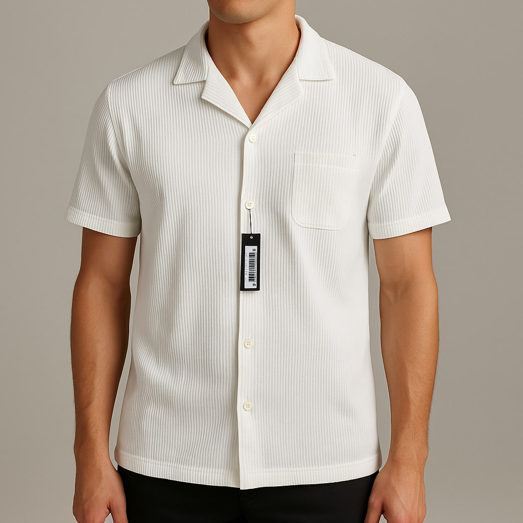 پیراهن آستین کوتاه پلیسه‌ای مردانه بوهو‌من سفید | استوک مارکباز