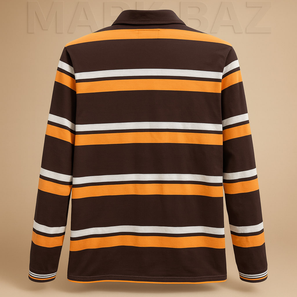 "پولوشرت آستین بلند مردانه 1997 قهوه‌ای راه‌راه نارنجی و سفید | اورجینال، آکبند (سوپر کرم) با ضمانت اصالت در استوک مارک باز"