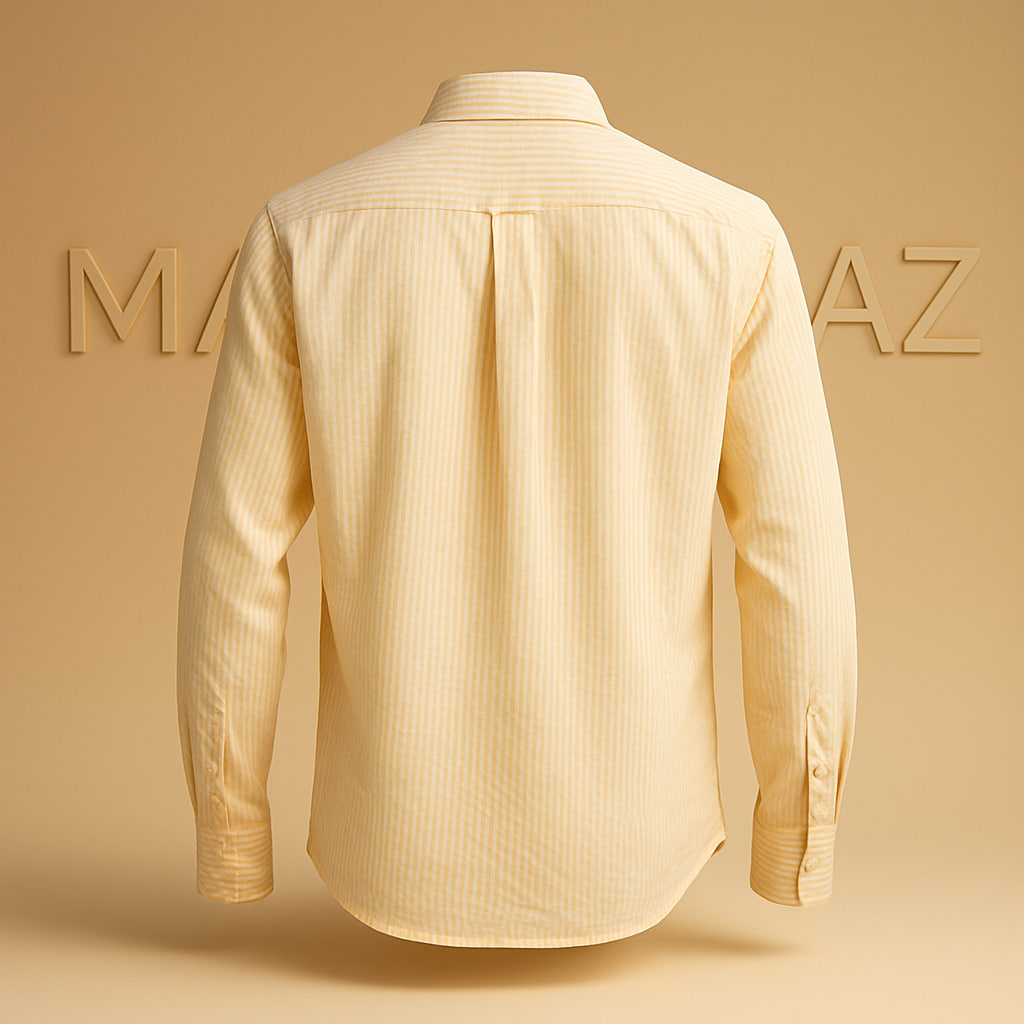خرید پیراهن مردانه کتان نخی آستین بلند اورجینال اسپانیا رنگ کرم زرد ملایم راه‌راه سفید سایز XL