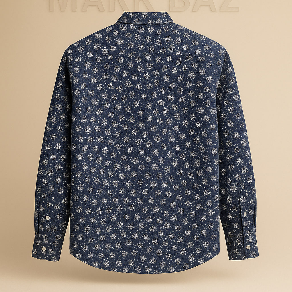 خرید پیراهن مردانه آستین بلند گلدار سرمه‌ای برند Denim & Flower، مدل اسلیم‌فیت از جنس 100٪ کتان اورجینال (سایز L) | مارک باز