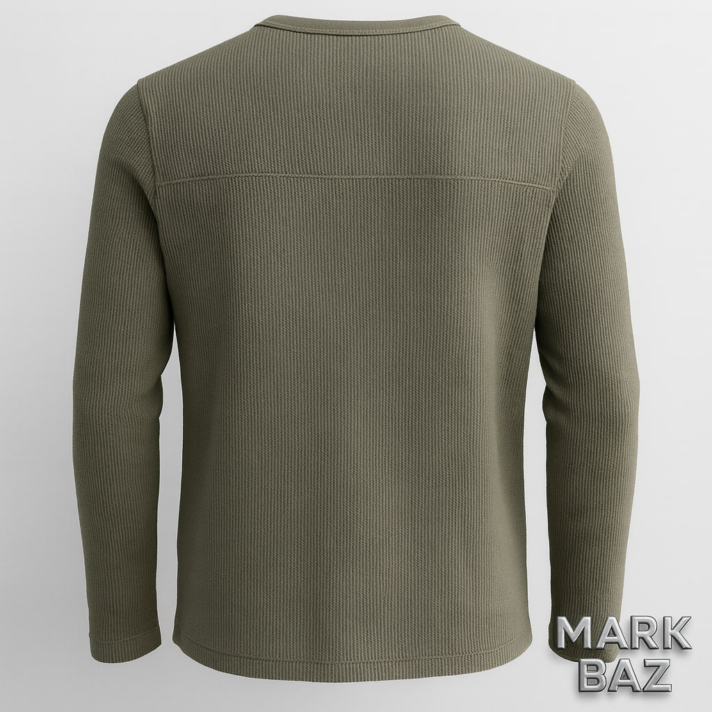 "بلوز نازک مردانه آستین بلند سه‌دکمه سبز ارتشی اورجینال | سایز مدیوم | فروشگاه استوک مارک باز"