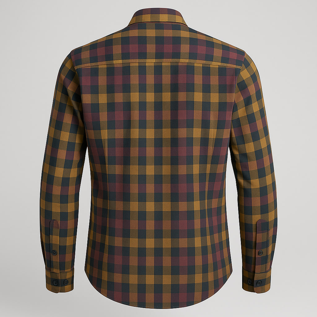 پیراهن مردانه چهارخانه FSBN آستین بلند نخی سایز لارج – طرح ترکیبی خردلی، بنفش و مشکی با دوخت اورجینال، دکمه‌های زاپاس و ضمانت اصالت کالا مناسب استایل روزانه و رسمی