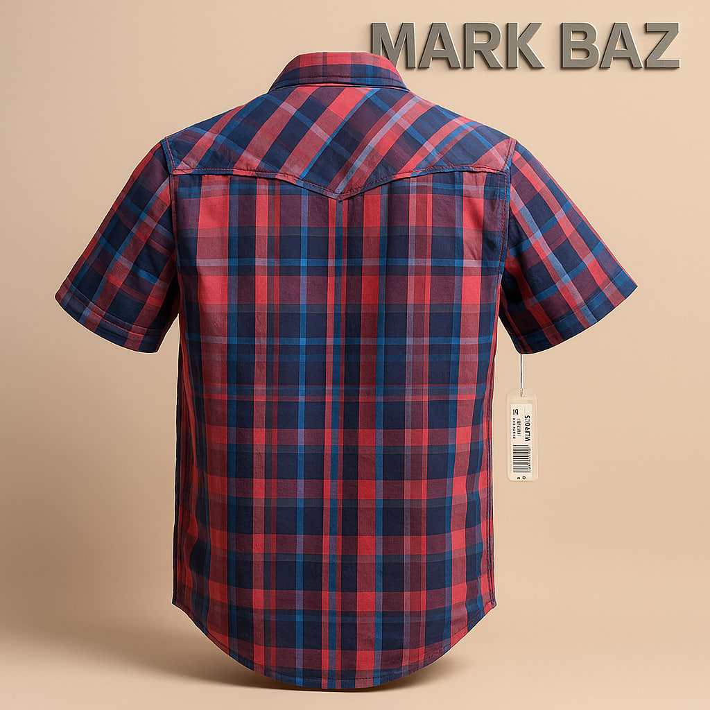 پیراهن چهارخانه آستین کوتاه اورجینال Arizona Jean Co مردانه رنگ قرمز و آبی سایز مدیوم 100٪ کتان ساخت بنگلادش | استوک مارک باز