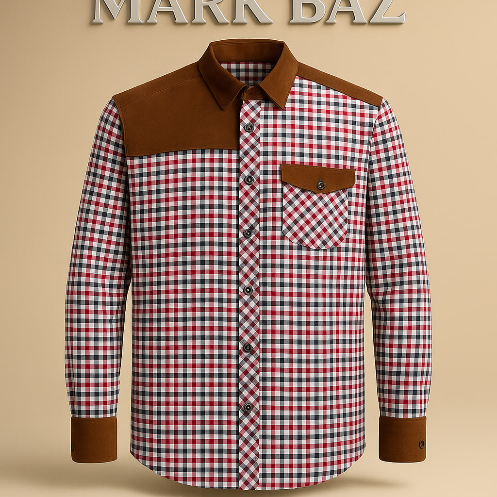 پیراهن کاستوم مردانه چهارخانه با یقه و سرشانه مخمل کبریتی قهوه‌ای، (غیر اورجینال) – طراحی خاص و تک‌پسند