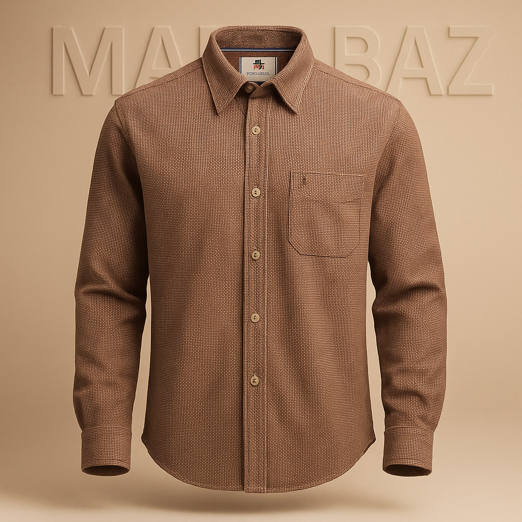 خرید پیراهن مردانه اورجینال DE BACKERS بلژیک مدل پشمی نازک چهار فصل رنگ قهوه‌ای بافت‌دار – سایز لارج (L) با ضمانت اصالت و کیفیت ممتاز