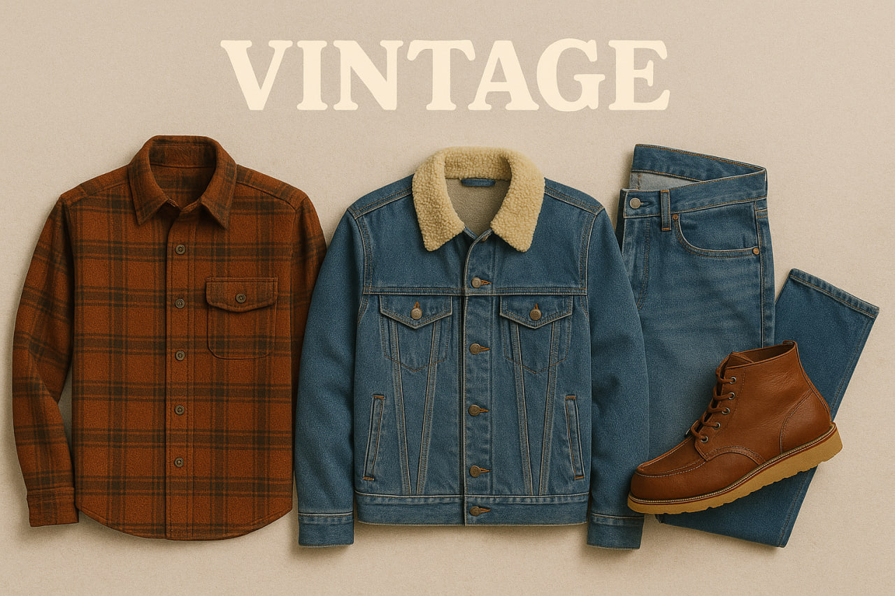 «ست کامل استایل وینتیج شامل پیراهن پشمی، کاپشن جین یقه خز، شلوار جین و بوت چرمی روی فلت‌لی برای معرفی پوشاک وینتیج»