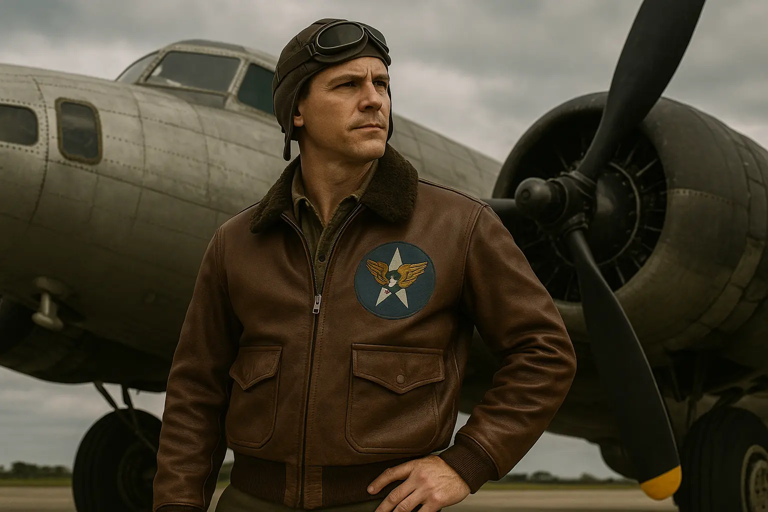 خلبان نیروی هوایی آمریکا در کنار یک بمبافکن جنگ جهانی دوم، با کاپشن چرمی بوفالوی کاستومشده و نماد وینتیج نیروی هوایی