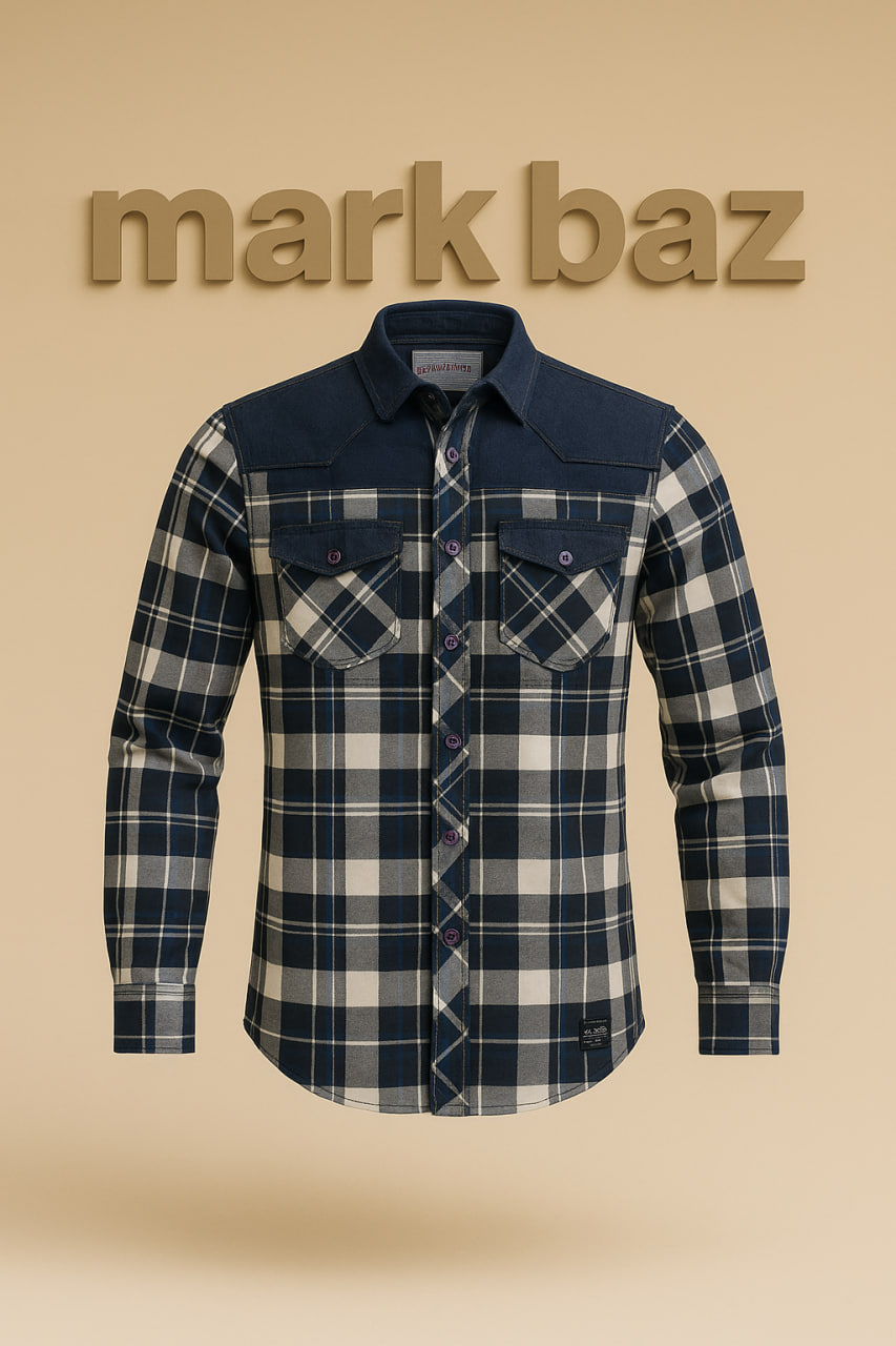 پیراهن لی کوپر (Lee Cooper )مردانه | چهارخانه سرمه‌ای | ترکیب جین و کتان اصل (ساخت عربستان)