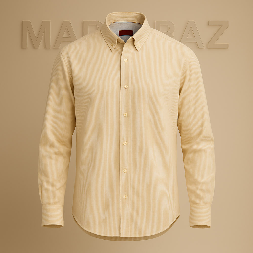 خرید پیراهن مردانه کتان نخی آستین بلند اورجینال اسپانیا رنگ کرم زرد ملایم راه‌راه سفید سایز XL