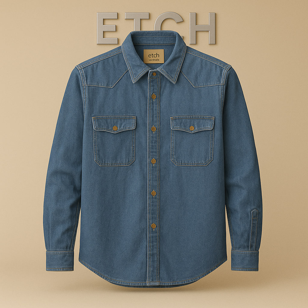 خرید پیراهن جین (لی) مردانه اورجینال سایز لارج – برند آمریکایی با پارچه دنیم 100% کتان، دو جیب روی سینه و دکمه‌های فشاری مقاوم