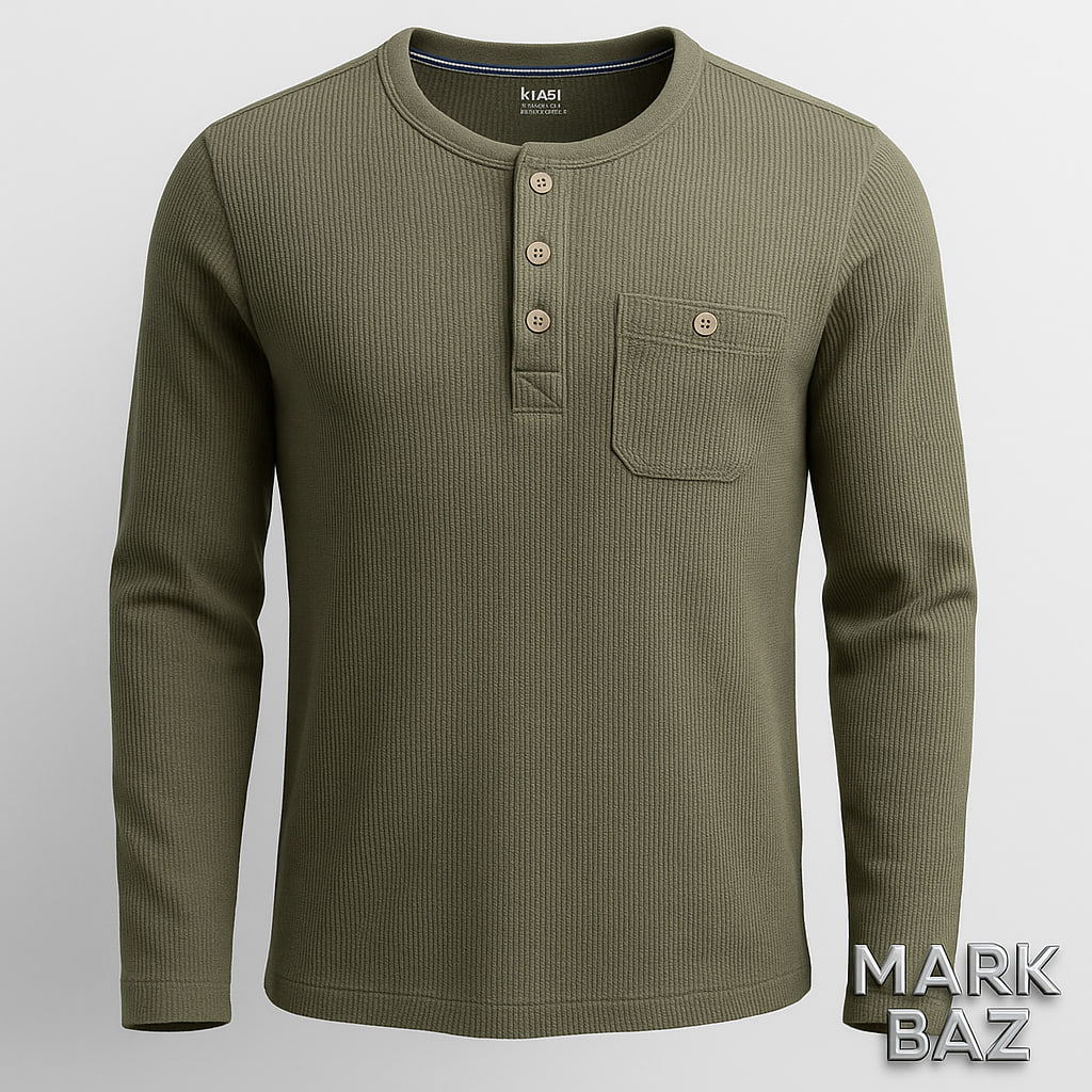 "بلوز نازک مردانه آستین بلند سه‌دکمه سبز ارتشی اورجینال | سایز مدیوم | فروشگاه استوک مارک باز"