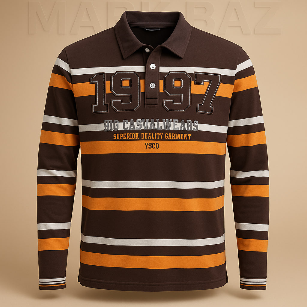 "پولوشرت آستین بلند مردانه 1997 قهوه‌ای راه‌راه نارنجی و سفید | اورجینال، آکبند (سوپر کرم) با ضمانت اصالت در استوک مارک باز"