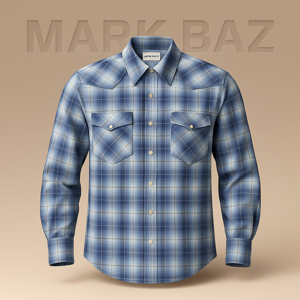خرید پیراهن مردانه چهارخانه نخی آستین بلند اورجینال | رنگ آبی روشن تا سرمه‌ای با دکمه فلزی فشاری | کیفیت سوپر کرم و ضمانت اصالت – استوک مارک باز