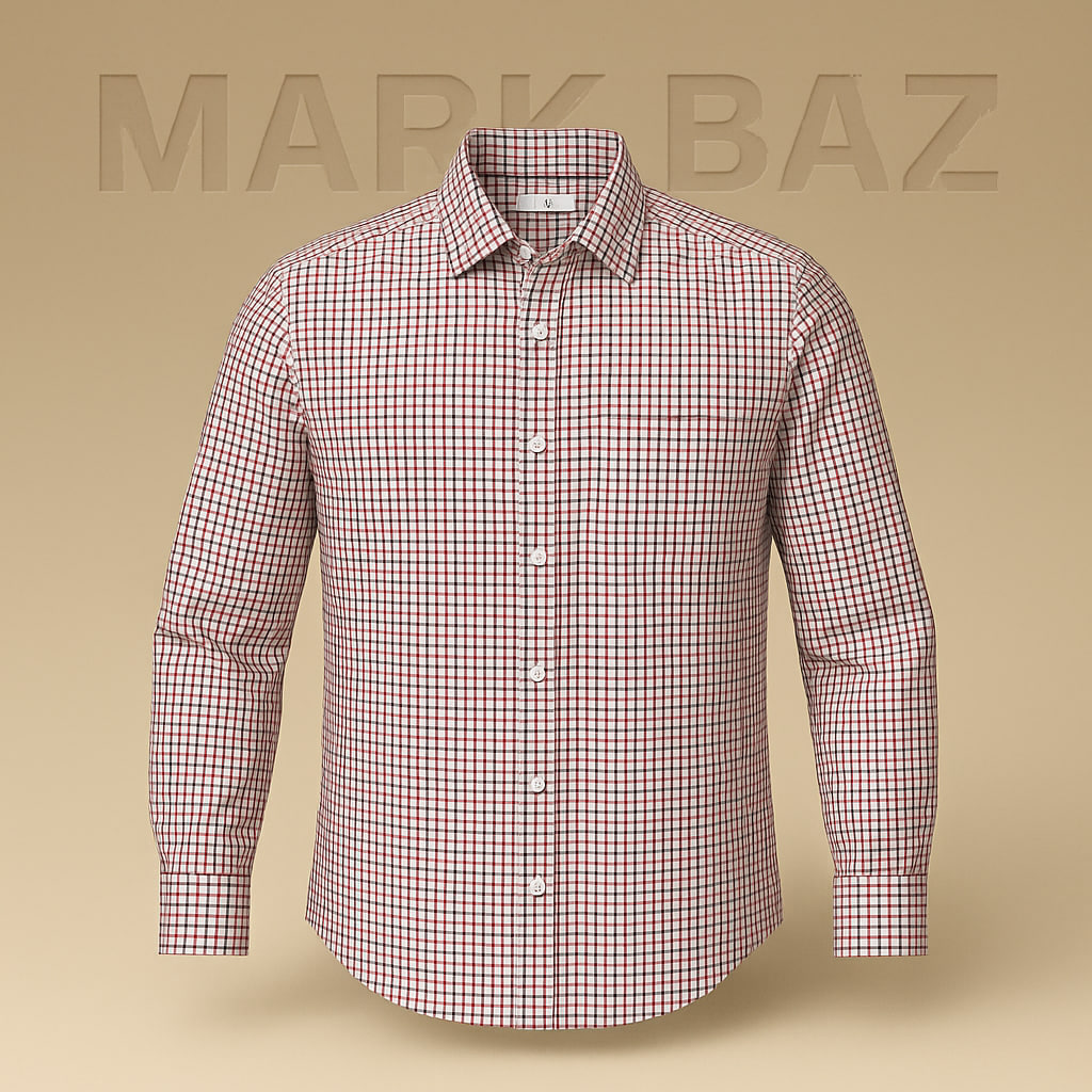 پیراهن مردانه چهارخانه نخی آستین بلند اورجینال | زمینه سفید با خطوط قرمز و سرمه‌ای | کیفیت سوپر کرم با ضمانت اصالت – استوک مارک باز