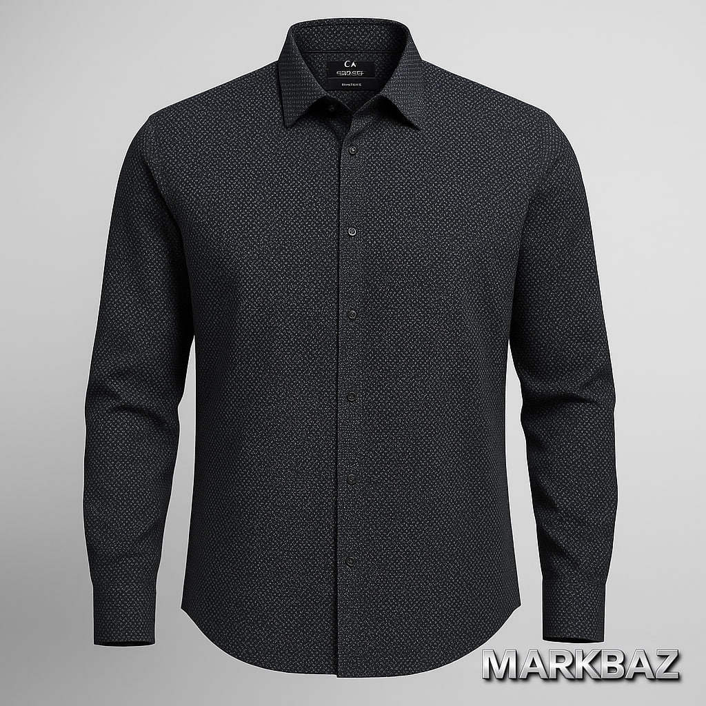 پیراهن مردانه آستین بلند C&A مشکی با طرح ریزگل سفید | برند اصیل اروپایی C&A هلند – اورجینال و در حد آکبند