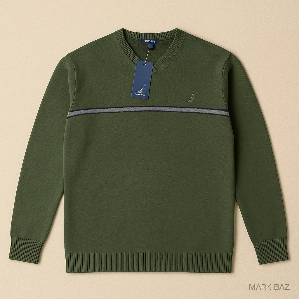 پلیور نخی مردانه ناتیکا سبز زیتونی مدل یقه V سایز L (استوک اورجینال اروپا)