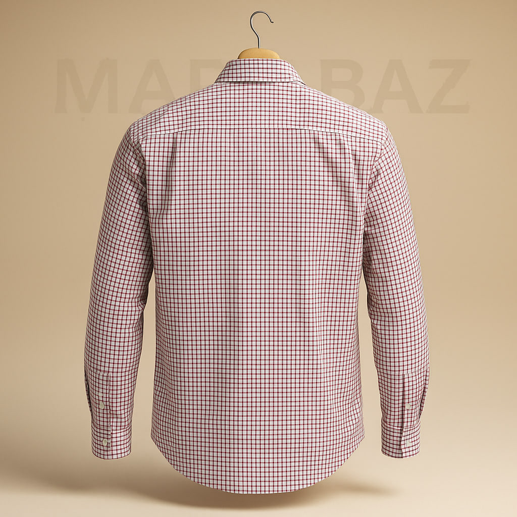 پیراهن مردانه چهارخانه نخی آستین بلند اورجینال | زمینه سفید با خطوط قرمز و سرمه‌ای | کیفیت سوپر کرم با ضمانت اصالت – استوک مارک باز