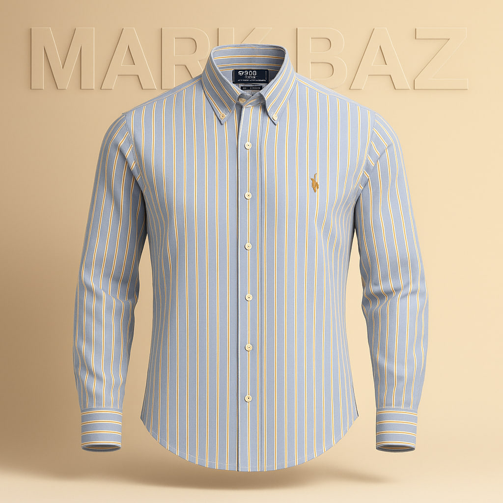 خرید پیراهن مردانه Polo Ralph Lauren آمریکایی مدل راه‌راه آبی زرد سفید با 3 دگمه اضافی  سایز M | اورجینال و خاص