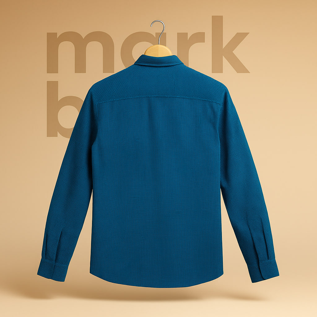 "پیراهن نخی مردانه Rocqose با طرح گلدوزی برجسته روی سینه – رنگ آبی فیروزه‌ای تیره و مشکی، سایز مدیوم، اورجینال و در حد آکبند مناسب استایل رسمی و روزانه"