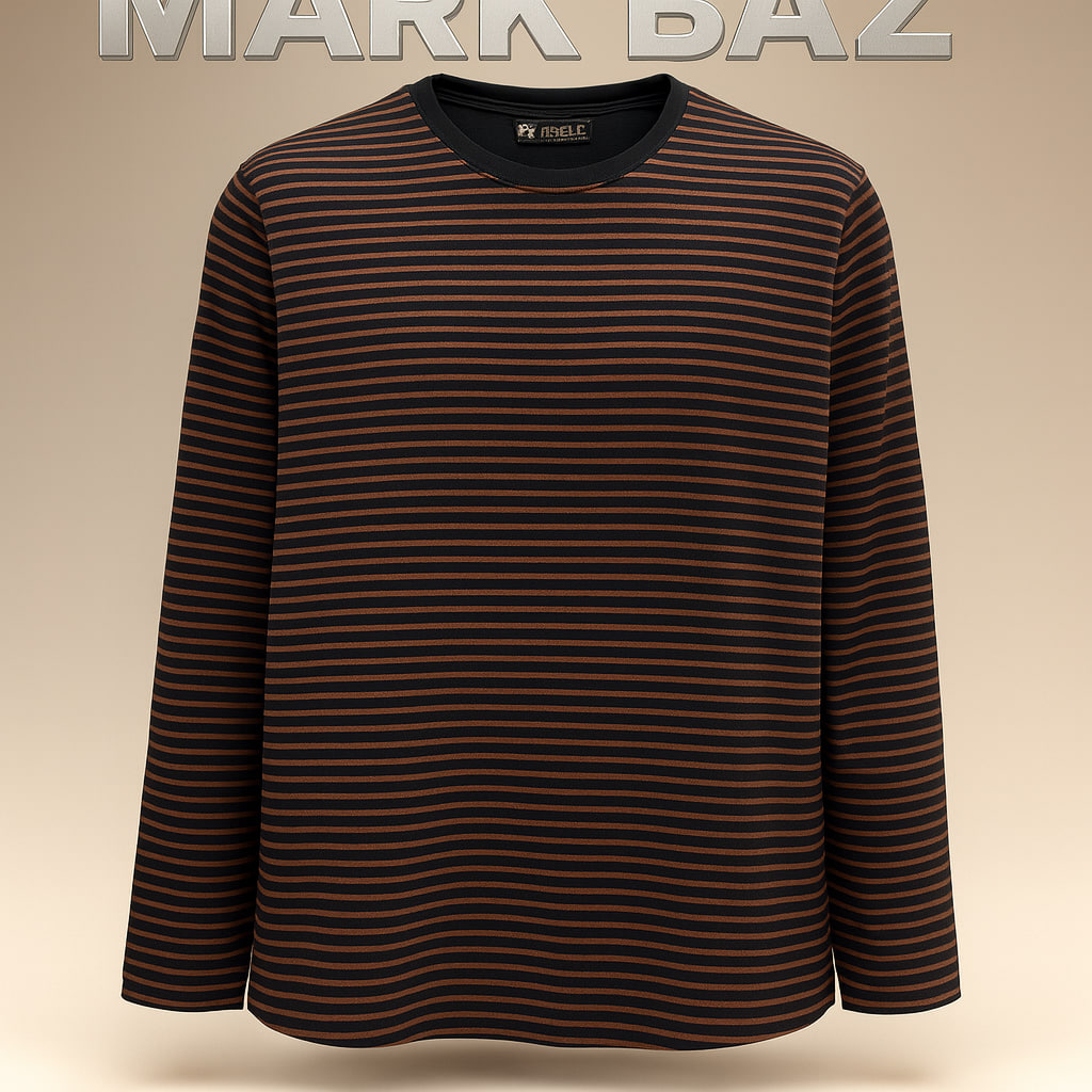 (بلوز نازک) تیشرت آستین بلند یقه گرد مردانه برند Tigers طرح راه‌راه باریک مشکی و قهوه‌ای روشن ساخت ترکیه – کیفیت سوپرکرم در حد آکبند | فروشگاه استوک مارک باز