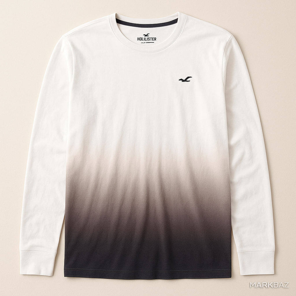 تیشرت آستین بلند هالستر Hollister مدل Curved Hem گرادیانت سفید تا مشکی