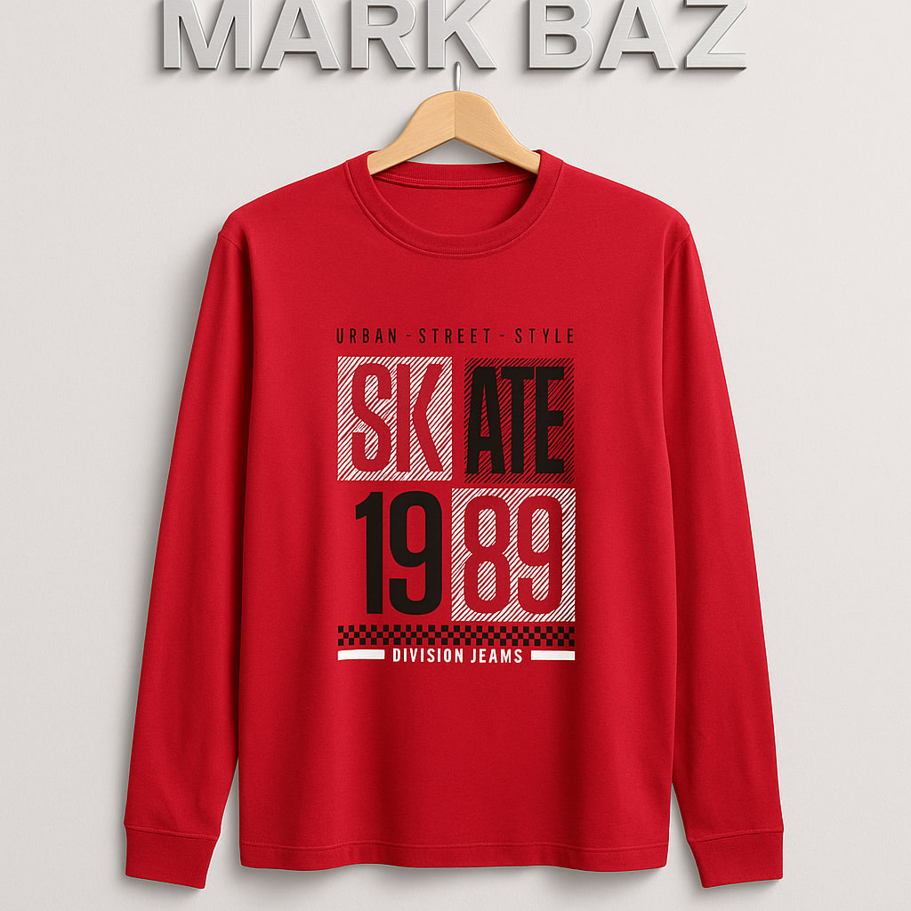 تیشرت آستین‌بلند مردانه قرمز طرح SKATE 1989 – یقه گرد، سایز L، اورجینال و اسپرت