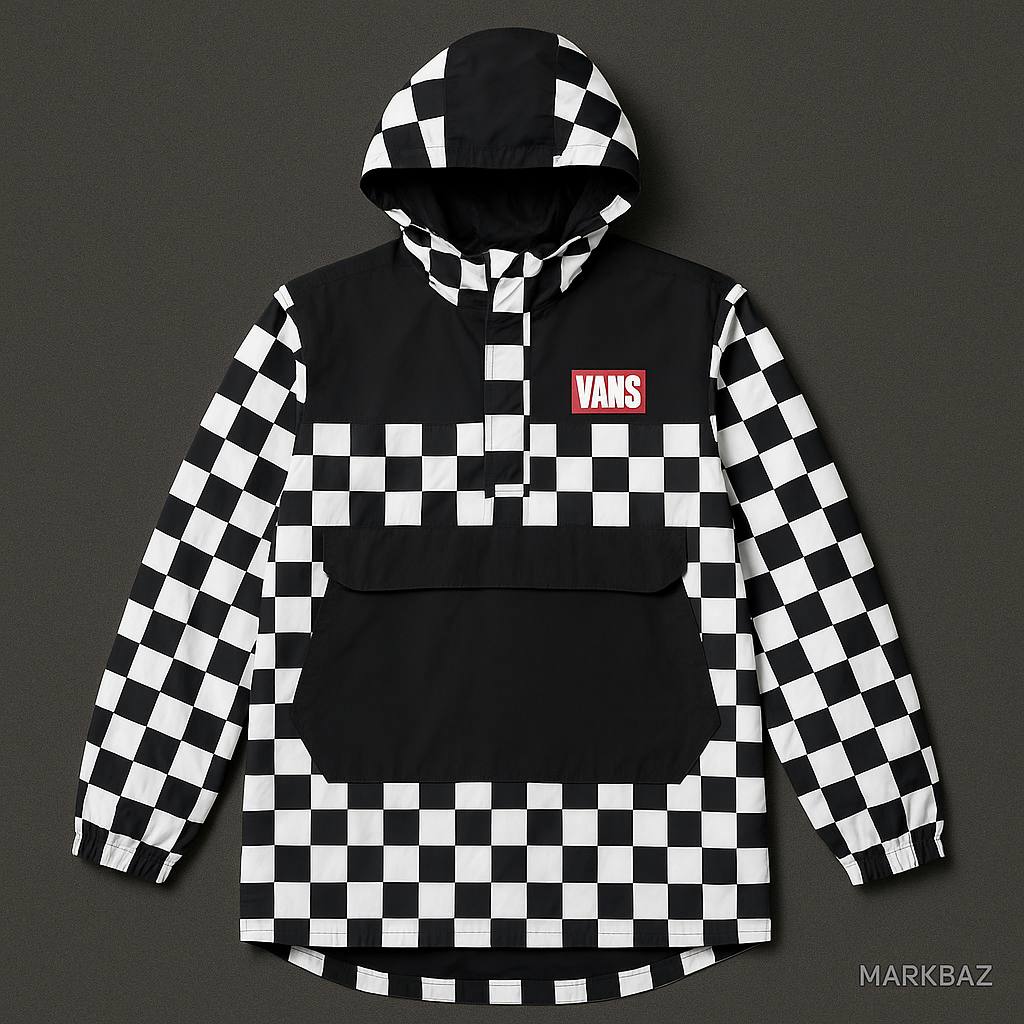 بادگیر نیم‌زیپ برند ونس Vans مدل Checkerboard مشکی سفید