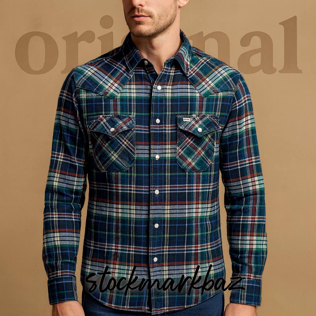 پیراهن پشمی اورجینال LEE مدل اسلیم فیت | ساخت هند با دکمه‌های فلزی