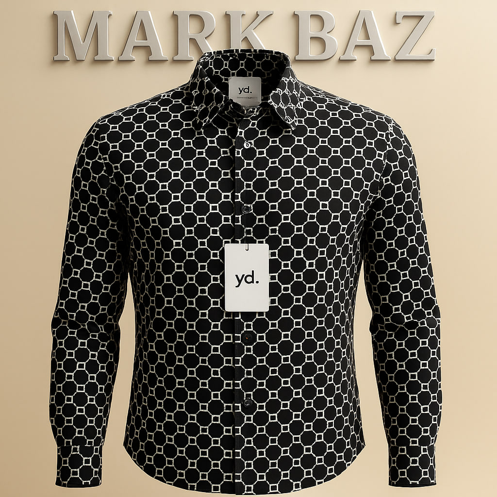 پیراهن نخی اورجینال مردانه برند yd. مشکی با طرح سفید | آکبند با اتیکت فروشگاهی، دوخت بی‌نظیر و ضمانت اصالت کالا مناسب استایل رسمی و روزانه